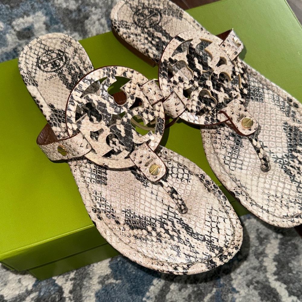 Tory Burch Snake-Embossed Miller Sandals in Beige and Black - Picture 2 of 7